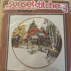 Sunset Stitchery Crewel Embroidery Kit Fall Mill Pond 16x16 New - Picture 1 of 5