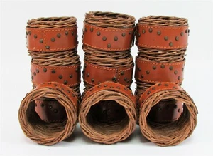 Set of 12 Napkin Rings Holders Brown Woven Rattan/Faux Leather Teasaco RAT7905 - Picture 1 of 3
