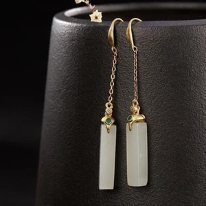Jade Quader Ohrringe geschnitzt natürlich chinesischer Damen Schmuck Chalzedon 925 Silber - Bild 1 von 9