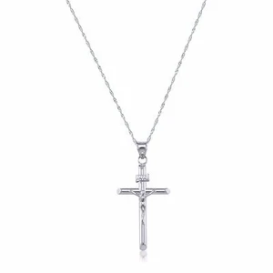 14K White Gold Crucifix Cross Pendant Singapore Chain Necklace Set - Jesus Charm - Picture 1 of 4