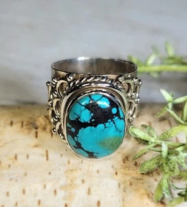 Natural AAA Grade Tibet Turquoise Estate Sterling Silver Ring Size 7.5 10.9gr HL - Picture 1 of 3