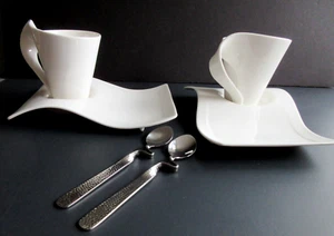 Villeroy & Boch New Wave Caffe Mugs, Saucers and Spoons Set of 2 White Porcelain - Picture 1 of 13