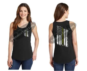 CAMISETA SIN MANGAS para mujer con bandera americana hecha jirones línea dorada despachador despacho policía ley - Imagen 1 de 2