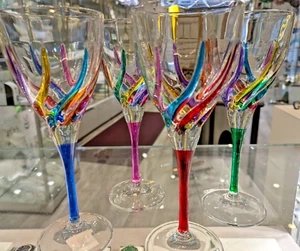 CC ZECCHIN MURANO Wine Glass, Rainbow Swirl Pattern 8-1/8” Tall, Set of 4 - Picture 1 of 5