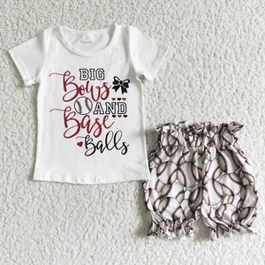 Girls Baseballs Print Short Sleeve Shorts Set 2pcs Summer Outfit - Picture 1 of 1