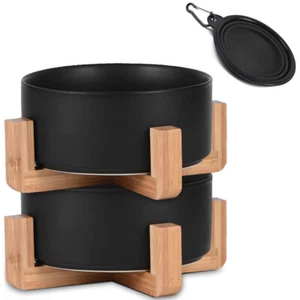 Ceramic Black Cat Dog Bowl Set with Stand,Small Dog Bowls, Anti Slip Pet Dishes - Picture 1 of 8