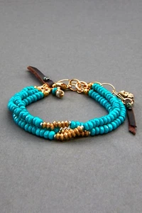 LUCKY BRAND Women's Leather & Turquoise Beaded Layer Bracelet Gold Tone BN $59 - Picture 1 of 5