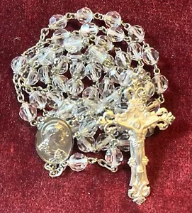 Vintage CHAPEL BRAND Sterling Silver Filled Faceted Crystal Bead 23" Rosary - Picture 1 of 3