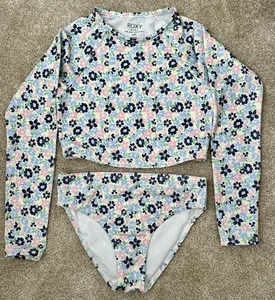Roxy Girls Rash Guard Size 12/L Bottom Size 10/M Tankini Swimsuit Floral Blue - Picture 1 of 5