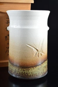 H6147: Japanese Seto-ware Green glaze FLOWER VASE Kato Sho made w/signed box - Picture 1 of 10