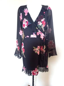 Lipsy Occasion Dress Black & Floral Front Wrap Dress. Floaty Mesh Frill Sz 10 - Picture 1 of 4
