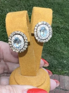 LE VIAN 14K Vanilla Gold Aquamarine Chocolate Diamond & Diamond Omega Earrings - Picture 1 of 7