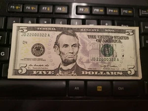 $5 Dollar Bill FANCY SERIAL NUMBER Series 2009 JD 22000322 A Trinary Bookend 22 - Picture 1 of 9