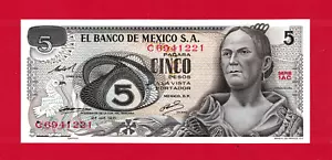 AUTHENTIC ORIGINAL 5 Pesos 1971 Mexico UNC Note (Pick-62b.2) Series AC, Prefix C - Picture 1 of 2