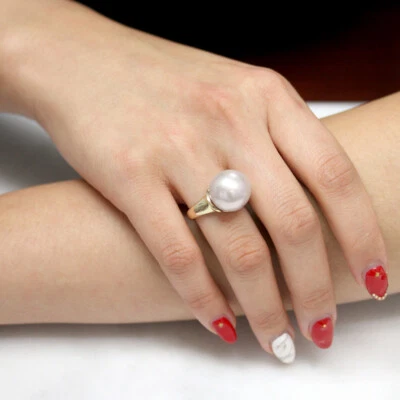 14K Gold High Luster South Sea Cultured Semi Round 14mm silver white Pearl Ring - Image 1 of 4