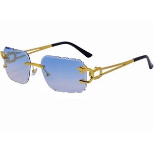 Men Classy Rimless Hip Hop Sunglasses stylish Sun Glasses Gold Rim Blue Lens - Picture 1 of 5