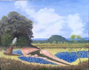 Vintage Texas Bluebonnet Landscape Oil Painting, Unsigned 20" x 16" - Picture 1 of 5