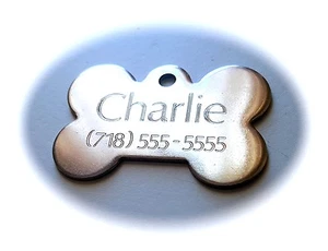 PET TAGS XL BONE (5.5cm) ID STAINLESS STEEL 2 SIDE DIAMOND ENGRAVE DOG NAME TAG - Picture 1 of 1