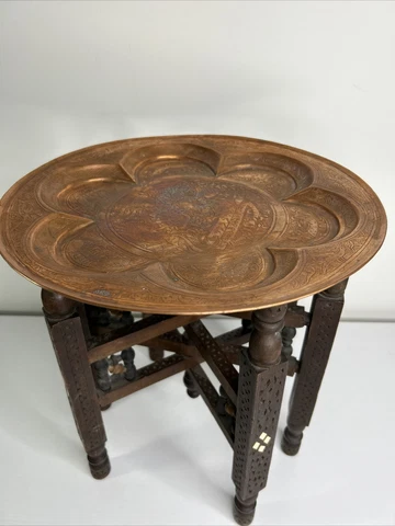 Vintage Moroccan Round Side Tea Table 12" Copper Top Wood Carved Folding Base Cover