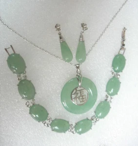 Natural Light Green Jade Silver Bracelet Pendant Necklace Earrings Jewelry Set - Picture 1 of 3