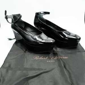 Robert Clergerie Vicky Women's Size 6 B Black Patent Leather Ankle Strap Wedges - Picture 1 of 13
