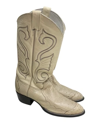 Botas de caubói vintage Larry Mahan pin quill avestruz tamanho 10B ponta de asa creme EUA - Imagem 1 de 4