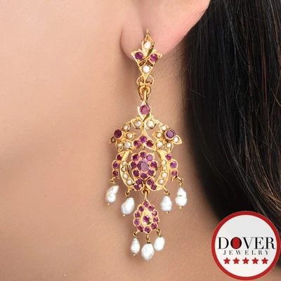 French Victorian 2.52ct Ruby Pearl 18K Gold Dangle Drop Earrings 17.8 Grams NR - Image 1 of 4