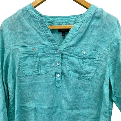 Talbots Petite Turquoise 100% Linen V-Neck Popover Roll Tab Shirt Women's Mp - Image 1 of 4