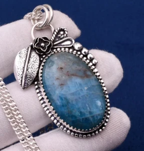 Neon Apatite Gemstone Handmade 925 Sterling Silver Jewelry Pendant 1.89" - Picture 1 of 7