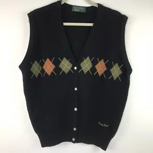 Vintage Lyle & Scott Pure Lambswool Argyle Sweater Vest New Zealand Black Size L - Picture 1 of 6
