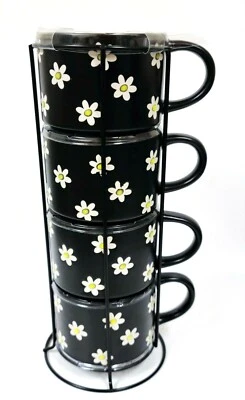 Set De 4 Layna Lu Empilable Noir, Blanc Marguerite Tasse Café , Thé & Métal Rack - Photo 1/4