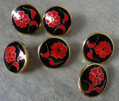Lot of SIX Vintage 3/4" Matching Red Black & Gold Flowers Metal La Mode Buttons - Image 1 of 4