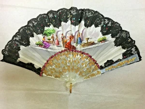 👍 EUROPE EUROPEAN LIKELY SPAIN SPAINISH CLOTH & BLACK LACE FAN - Picture 1 of 4