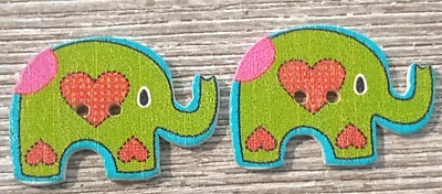2 Green Elephant Flower Sewing Buttons Crafting Wood 2 Hole 1 1/8"  - Image 1 of 2