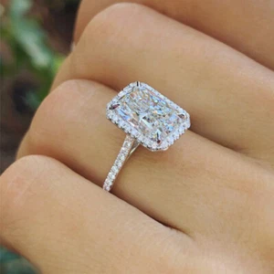 14K White Gold Finish 4.50 Ct Radiant Cut Diamond Halo Wedding Engagement Ring - Picture 1 of 6