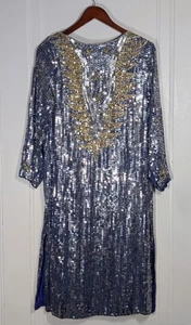 Abito donna vintage con perline argento e oro paillettes blu royal India taglia large - Foto 1 di 4