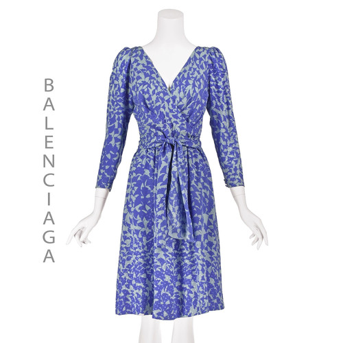 Abito corpetto BALENCIAGA vintage viola e blu seta foglie ginkgo surplice TG4 nuovo senza etichette