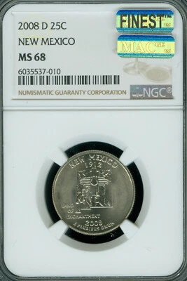2008 D NEW MEXICO QUARTER NGC MS68 PQ MAC FINEST BUSINESS STRIKE SPOTLESS POP  9 - Image 1 of 4