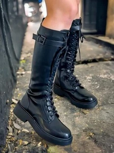 Damen Schnallendetail Schnürstiefel Kniehoch Kampfstiefel Bambus Clyde-03 - Bild 1 von 14