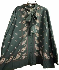 Eloquii Blouse Womens 22 Plus Size Button Up Paisley Secretary Bow Dark Green  - Picture 1 of 7