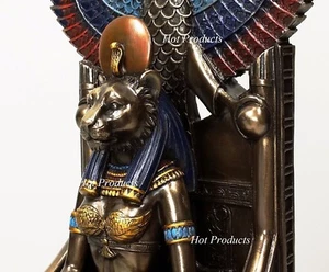 Egyptian Goddess Sekhmet Sitting on Throne Statue Sculpture Antique Bronze Color - Picture 1 of 9