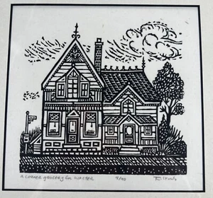 R. Charlie Lyons Woodcut Print 11x11” A Corner Grocery For Walter 4/10 Fine Art - Picture 1 of 17