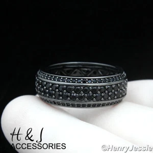 MEN 925 STERLING SILVER FULL BLING CZ 8MM BLACK PLATED WEDDING RING*BR192 - Picture 1 of 5