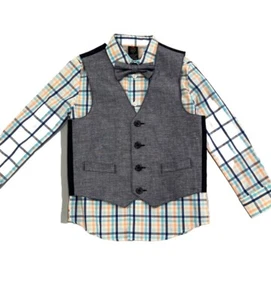 Dockers 3-piece Boys Size 5 Peach Plaid Shirt Light Blue Vest & Matching Tie NEW - Picture 1 of 5