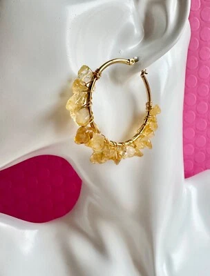 Новые золотистые серьги-кольца из проволоки с натуральным желтым цитрином — 2 дюйма - Изображение 1 из 4