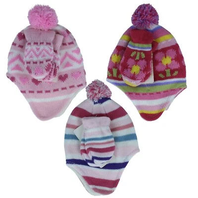 QT Essentials Baby Girls Bobble Hat & Mitten Set - 89B022 - Image 1 of 4