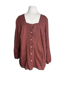 Liz Claiborne Woman Size 16W Brown Cotton Blouse Button Front 3/4 Sleeves Top - Picture 1 of 6