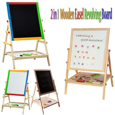 2 in 1 KIDS WOODEN EASEL BLACKBOARD WHITEBOARD CHILDRENS DRAWING ART CHALK BOARD - Image 1 of 4