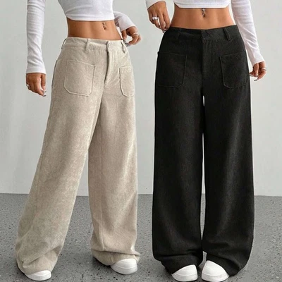 Pantalones de pana para mujer de tiro medio de pierna ancha - Pantalones sueltos informales para todas las estaciones Foto 1 de 4