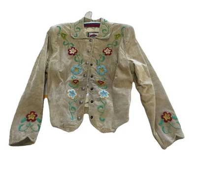 VTG Renegade Ren Ellis Suede Leather Multi-color Bead Floral Jacket Size 14 USA - Image 1 of 4